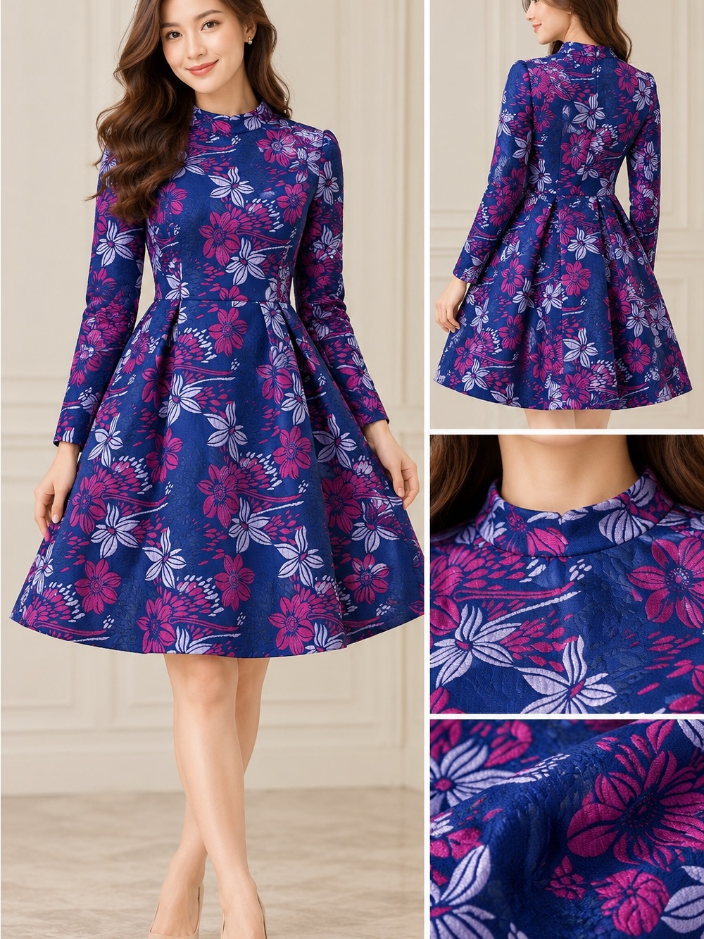 Mock-Neck Floral Fit & Flare Dress in Navy and Magenta